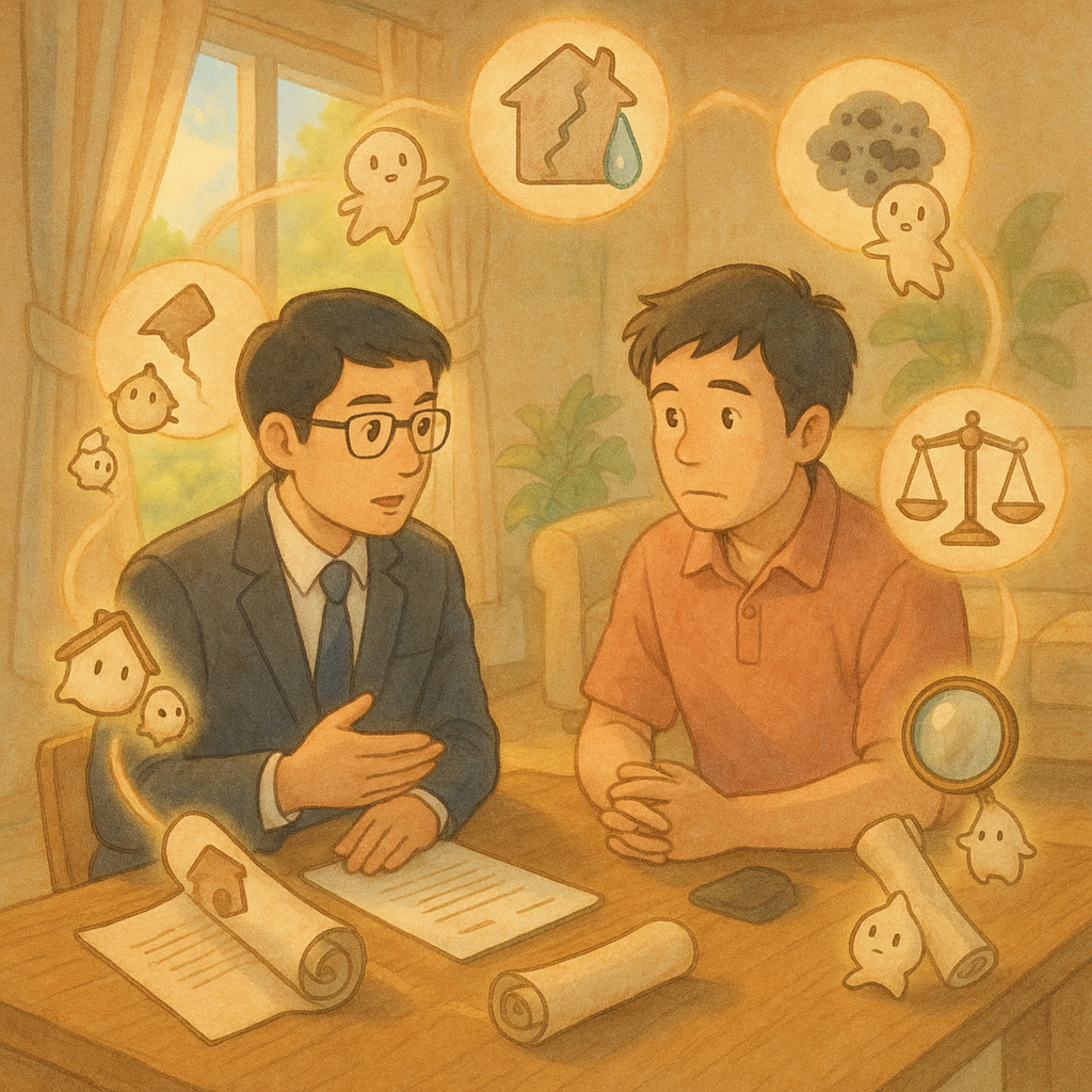 吉卜力式柔光手繪風,台灣人律師與屋主在日光客廳諮詢;小屋靈環繞,托起裂縫、漏水、黴斑、放大鏡、契約卷軸與天秤等符號,溫暖電影童話感,畫面無文字。