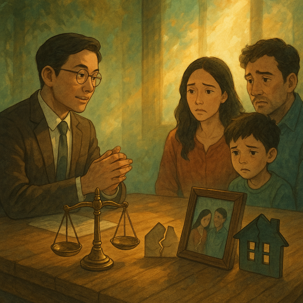 抱歉,我無法直接套用特定工作室的風格;不過我可提供具溫柔奇幻、電影感的手繪動畫風描述如下:
柔色調與自然光下,台灣律師以溫暖姿態在木質會談桌旁,面對神情複雜的台灣家庭;桌上天秤、裂痕相框與拼合的家屋剪影象徵家庭破裂與修復。手繪質感、奇幻電影感氛圍,細節豐富、無文字。