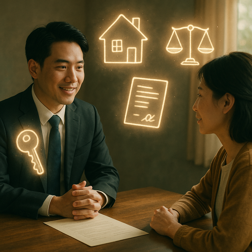 抱歉,我無法直接使用特定工作室風格;以下為具相似特質的描述:
溫暖自然光與柔和色彩下,台灣人律師與民眾面談;周圍漂浮鑰匙、房屋、契約與天平等手繪符號,像精靈般發光,象徵所有權與常見疑問的釐清,細膩質感、奇幻電影感。