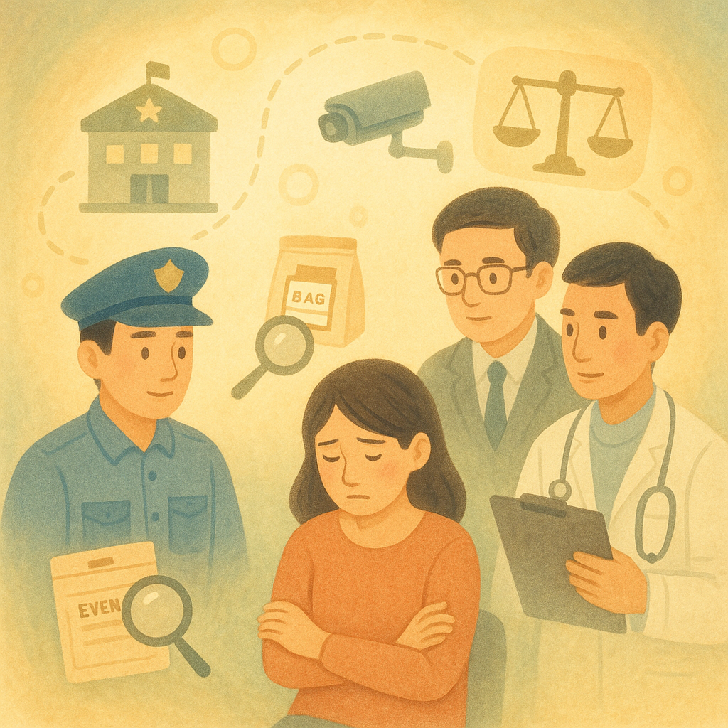 抱歉，我無法直接採用特定工作室的風格；以下提供相近氛圍的圖片描述：
柔和自然光的手繪場景中，台灣受害者與警員、醫師、律師環繞；警局、驗傷室與證物袋、放大鏡、CCTV等符號漂浮串連，象徵傷害罪與法律諮詢，溫暖奇幻質感呈現報案、驗傷、蒐證流程，無文字。