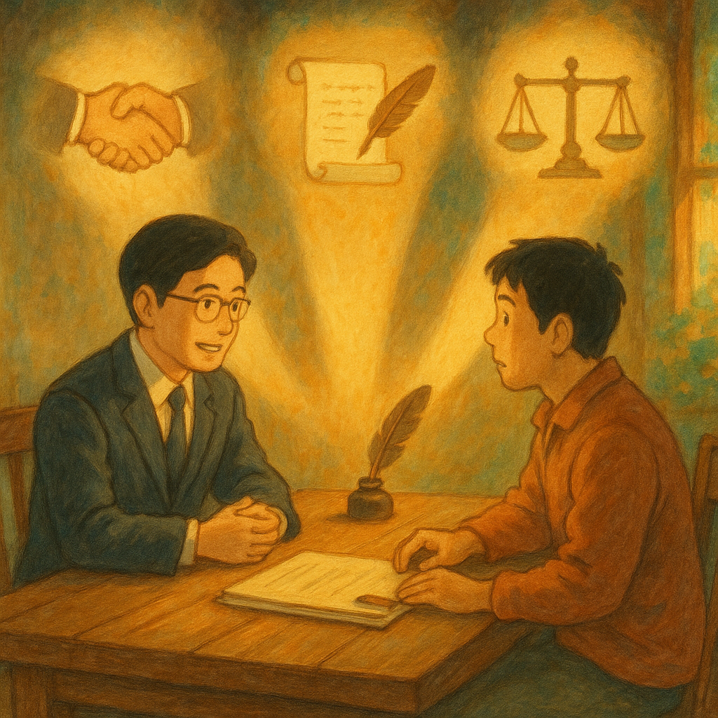 溫柔自然光與溫暖魔幻氛圍下，台灣人律師與民眾於木桌諮詢；前方分岔三道光路，依序浮現握手、申請卷宗羽筆與法院天平圖像，象徵和解、申請、訴訟的國賠抉擇，吉卜力風格手繪質感、柔和色調，無文字。