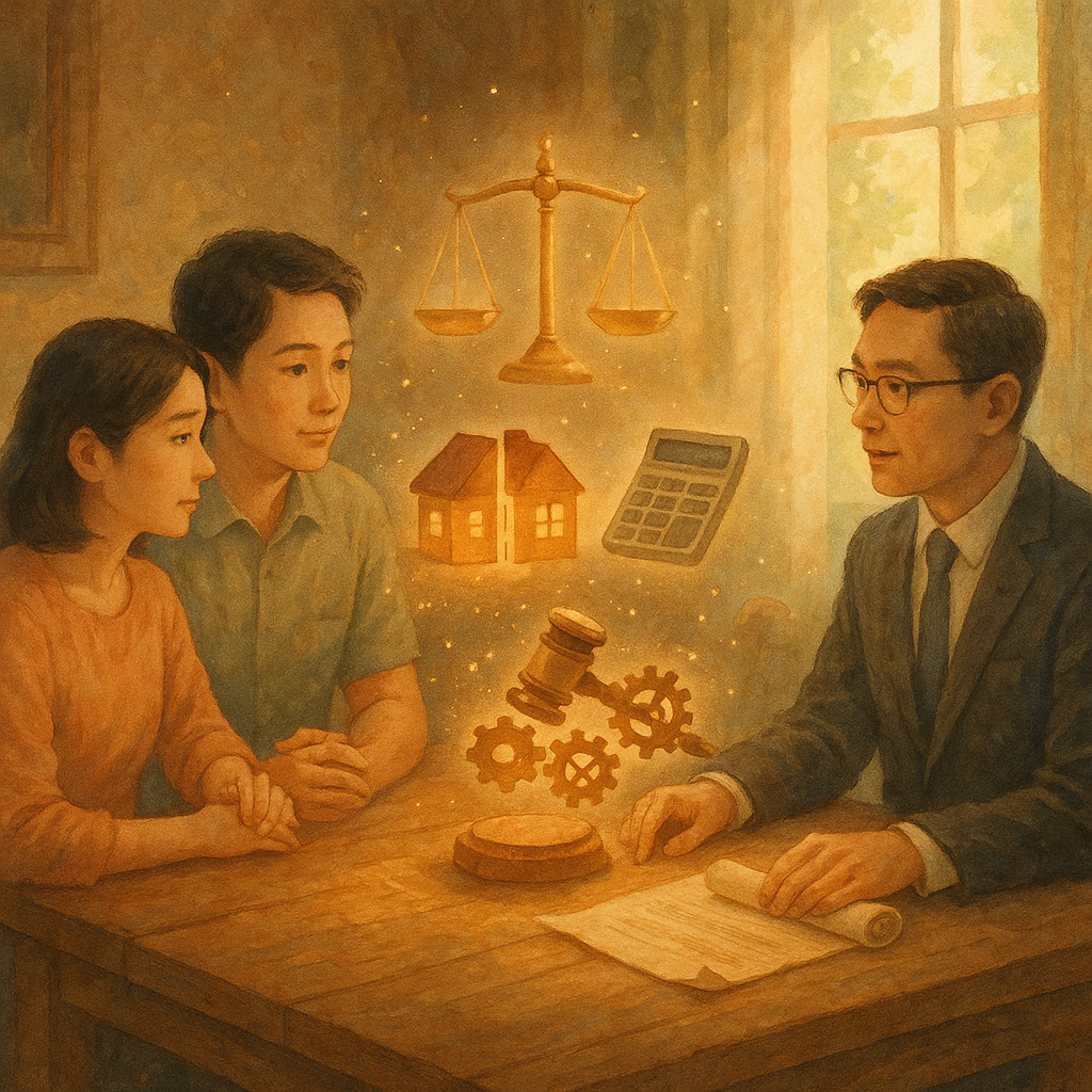 溫柔色調、自然光與奇幻氛圍的手繪電影感場景中,一對台灣夫妻與台灣律師在木桌前諮詢;桌上浮現天平、分割小屋、計算機與合約卷軸,法槌化作齒輪象徵計算、裁判思維與執行;微光飄粒,情感溫暖,畫面無文字。