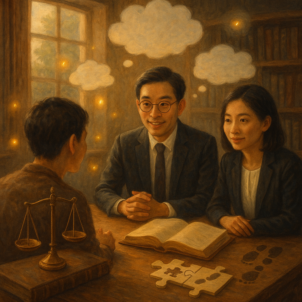 柔光灑入木質律所，兩位台灣律師與民眾圍桌交流，表情細膩；桌上天平、無字法卷、拼圖與相連腳印象徵幫助犯，身旁漂浮發光螢火與多重思考雲，暖調手繪質感、自然光影、帶些奇幻與電影感，畫面無文字。