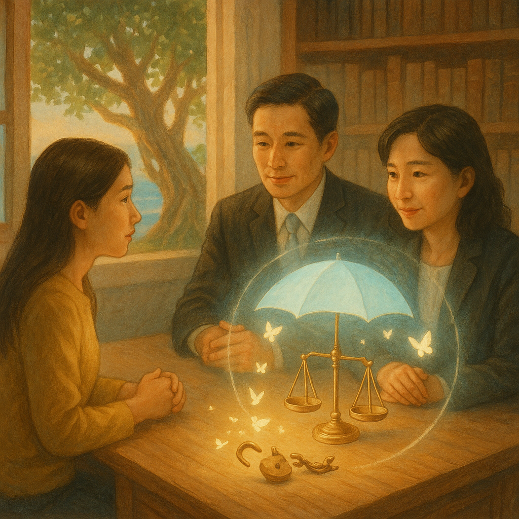 柔和晨光下,台灣律師男女在木質書桌旁溫暖傾聽一位台灣女子;桌上小天平與月白傘投出保護光暈與光之界線環繞,碎裂鎖頭化作光蝶飛散;窗外榕樹與海風搖曳,手繪質感溫潤,現實與奇幻交織。