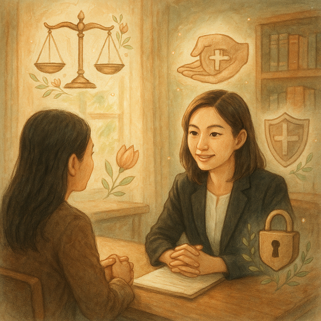 溫暖自然光下的律師事務所裡，一位台灣女律師與台灣當事人靜心對談，表情溫和；周圍漂浮手繪式天秤、盾牌、鎖、守護手圈與花蕾等象徵，柔和色彩與細膩筆觸營造魔幻電影感與安心氛圍。