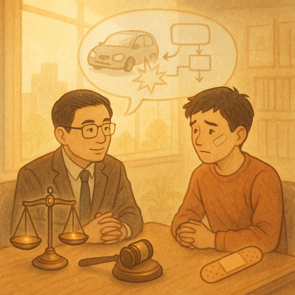 在柔和晨光的事務所，一位台灣律師溫和傾聽台灣受傷市民，桌上天平、法槌與創可貼等象徵微光閃動；半透明畫面浮現輕微事故與空白對話框氣泡、流程圖圖示，手繪質感溫暖奇幻，無字呈現FAQ諮詢氛圍。