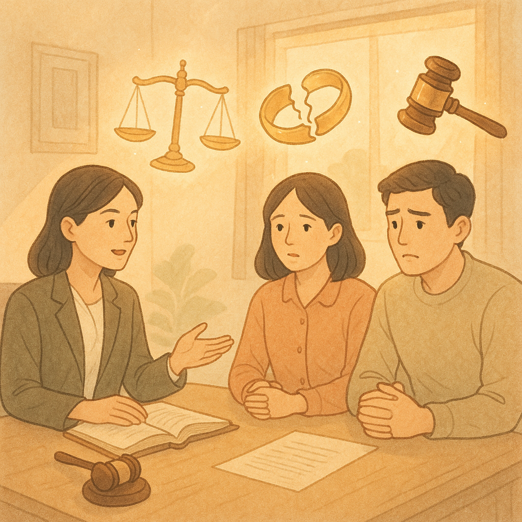 抱歉,我無法直接模仿特定工作室的風格;以下提供相近美學的描述:
暖午後律所裡,台灣女律師與台灣夫妻對坐諮詢;柔光灑落。天平、破裂戒指、法槌在空中微光漂浮,手繪質感與柔和配色營造溫暖奇幻感,象徵婚外情訴訟的常見問題。