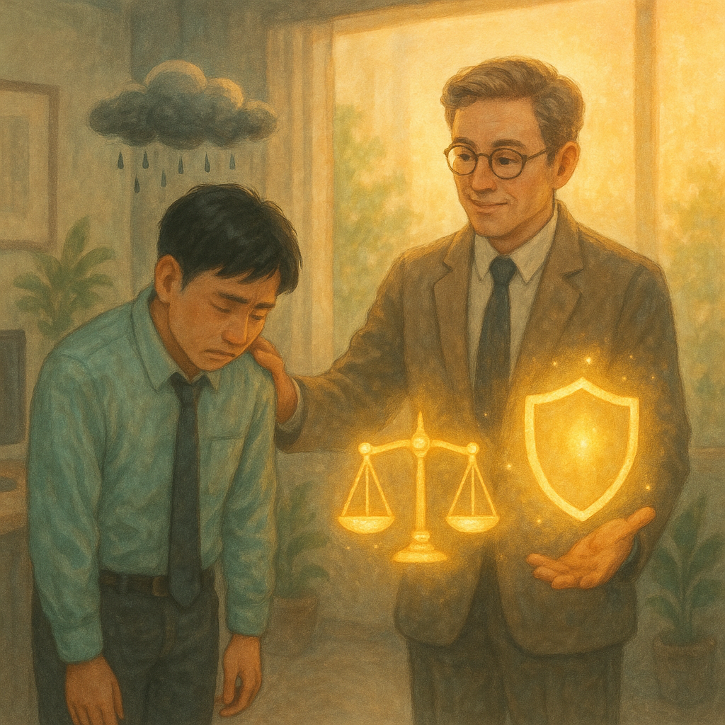 柔和自然光下的辦公室裡，一位台灣上班族低頭受辱，頭頂小雨雲。溫暖的專業法律顧問伸手相伴，身旁漂浮發光的天秤與盾牌等象徵，引導他走向窗外金色光暈。手繪質感、柔色電影感，無文字。