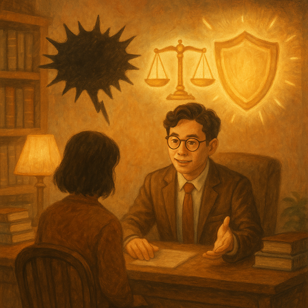 抱歉，我無法直接使用特定工作室的風格；以下提供相近感受的描述：
溫暖奇幻的律師事務所裡，台灣人律師正安撫民眾；電影感柔光中，象徵公然侮辱的黑色刺狀語雲在空中被發光天平與盾牌化解，手繪質感細膩無字。