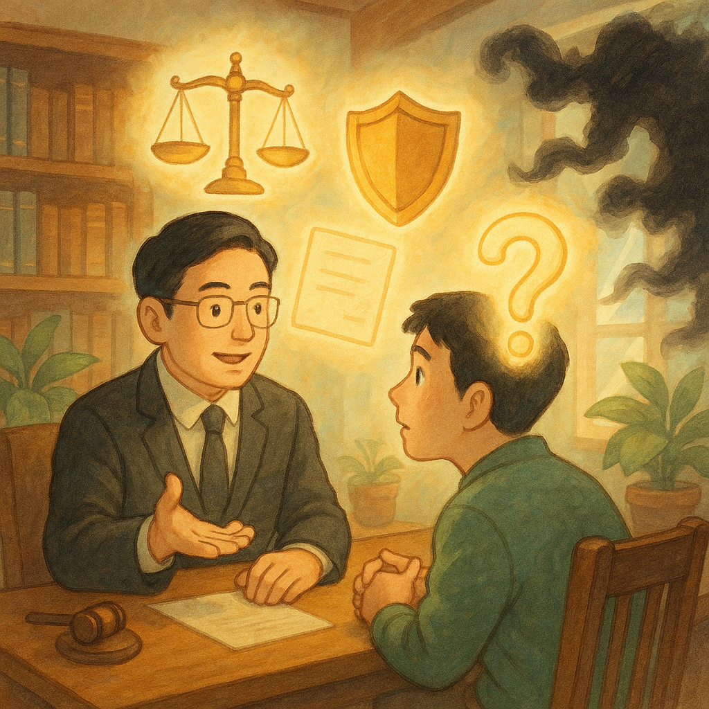 溫暖木質律所內,台灣律師與民眾對談;柔和色彩與自然光中漂浮的天平、盾牌、無字文件與發光提問圖示,化作守護名譽的光,黑色流言煙霧被驅散,童話般吉卜力風格、細膩手繪質感。