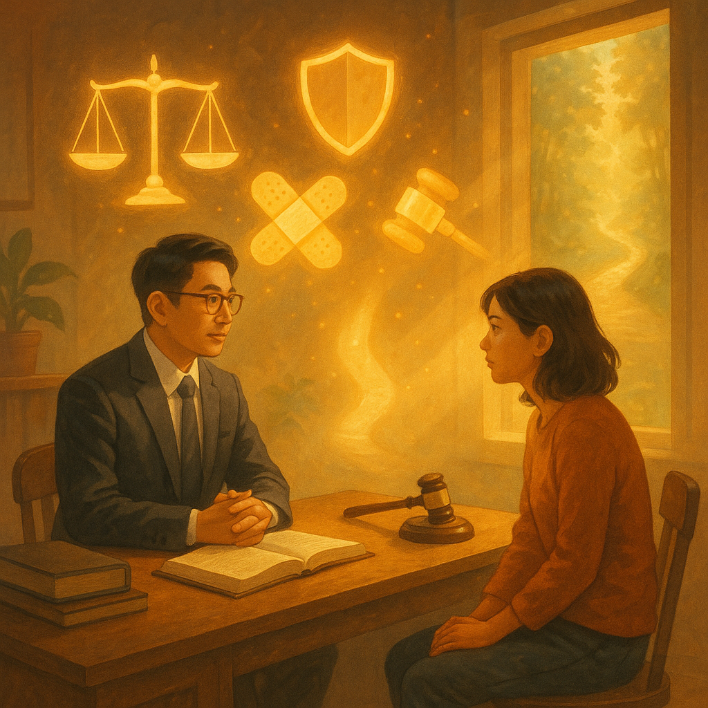 溫暖奇幻的高解析插畫:台灣律師與當事人對坐商談,柔光灑入;天平、法槌、盾牌與繃帶化作漂浮光影,指向前方發光小徑,寓意傷害罪結論與行動建議。畫面無文字。