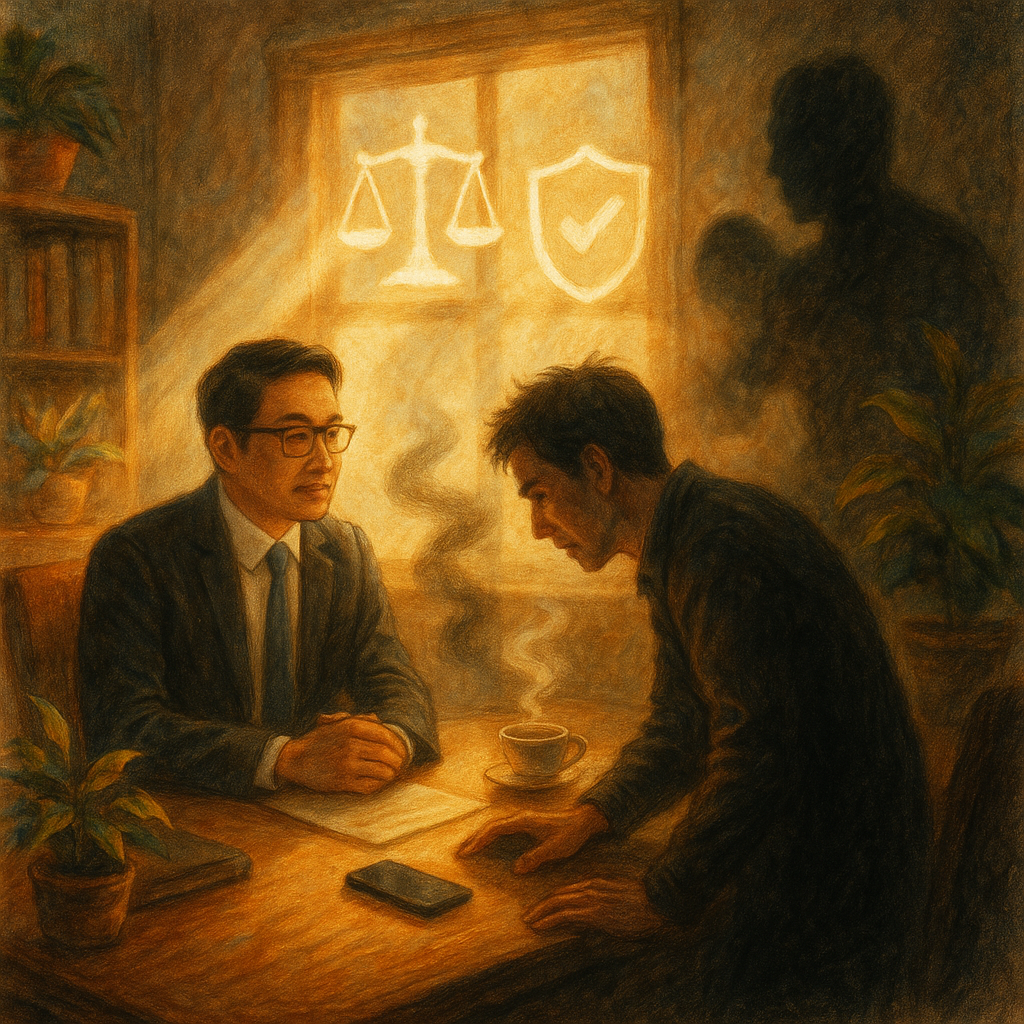 柔和晨光灑入木質事務所，台灣律師與當事人諮詢；半透明光影化作天平、盾牌與鎖，黑霧凝成手機與陰影人影，象徵恐嚇與法律保護；暖色植栽與茶煙勾勒魔幻手繪質感，細膩溫馨且電影感。