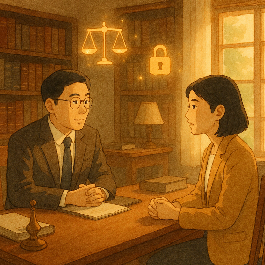 吉卜力風格的溫暖法律諮詢場景：兩位台灣專業人士在木質書房表情細膩地對談，電影感自然光灑入。天平、鎖與護傘化作漂浮光點，象徵保障性自主與界線；手繪質感、柔和色彩，畫面無文字。