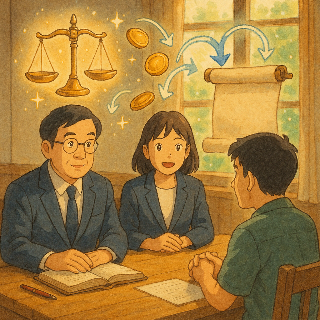 溫暖自然光的吉卜力風格高解析插畫：兩位台灣人律師與民眾在木桌諮詢，天秤、無字契約卷軸與回流的金幣在空中漂浮，細小發光圖示環繞，箭頭導引象徵返還與不當得利，手繪質感魔幻而寫實。
