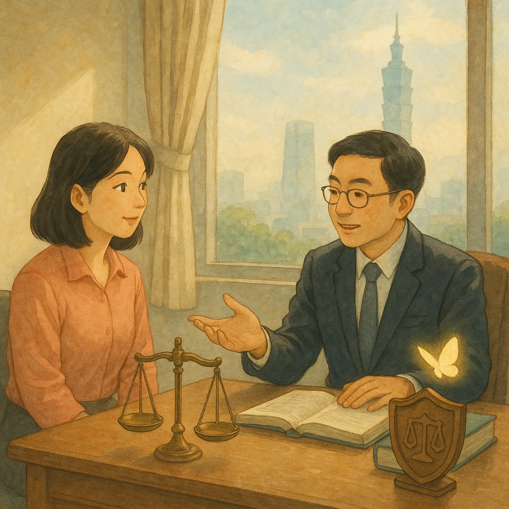 吉卜力風高解析插畫：柔色與自然光下，台灣成年女性在律師事務所與台灣律師對談，窗外隱約台北天際線。桌上天秤、盾牌與發光小蝶象徵法律守護與權勢不對等；遠處高大朦影被透明光幕隔開，溫暖、手繪質感、無文字。