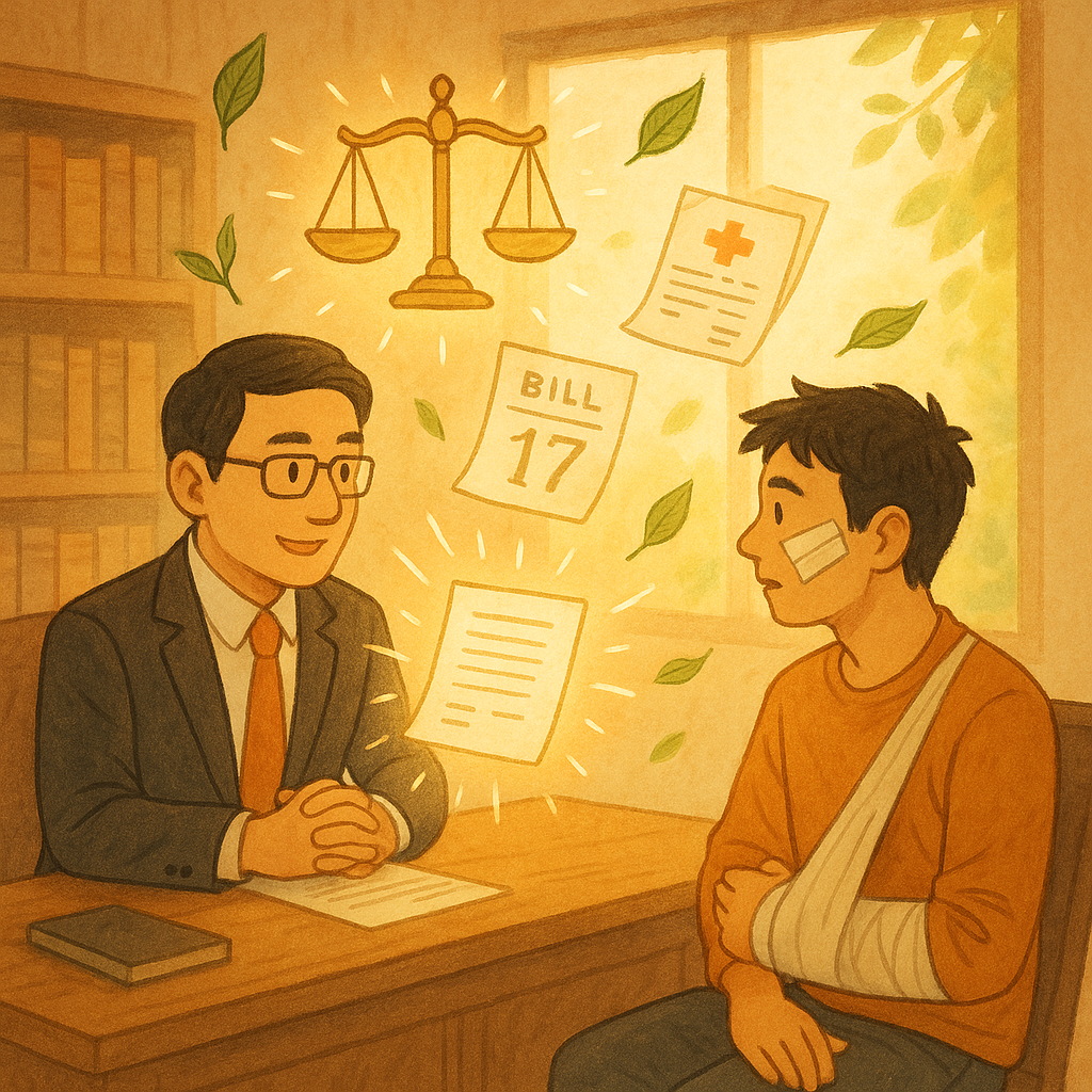 抱歉,我無法直接以特定品牌風格創作;以下提供相似風格的圖片描述:
暖陽灑入木質律所,台灣律師與受傷民眾對坐溝通;金色天秤與發光文件、醫療票據與日曆化作輕盈圖像在空中環繞,紙鶴與綠葉徐徐飄落,寓意打架致傷求償的結論與和解,自然光與手繪質感。