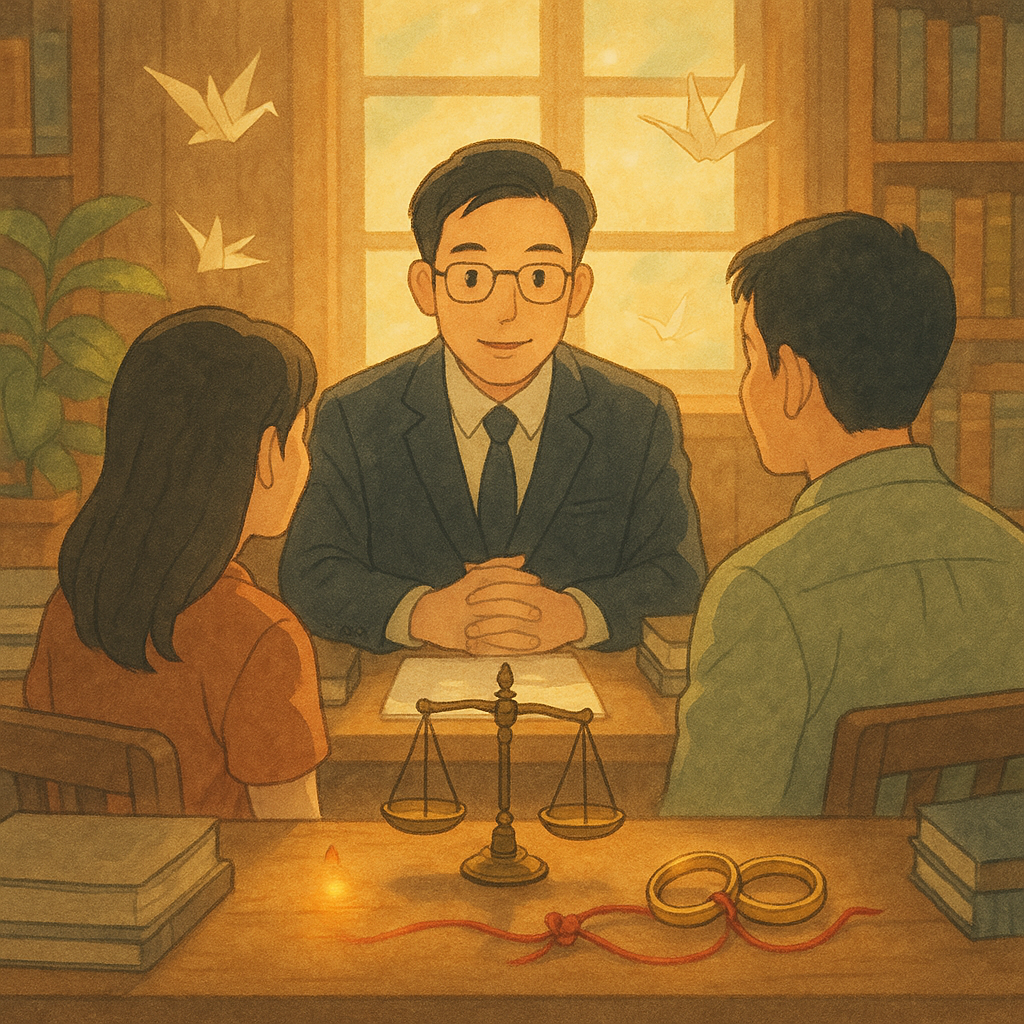 吉卜力風溫暖光影與柔和色彩手繪質感下，台灣律師在木質事務所溫柔傾聽一對台灣夫妻；桌上天秤、分離又欲相接的戒指與被打結修補的紅線象徵侵害配偶權的審酌與修復，希望般的微光與飛舞紙鶴，畫面無文字。