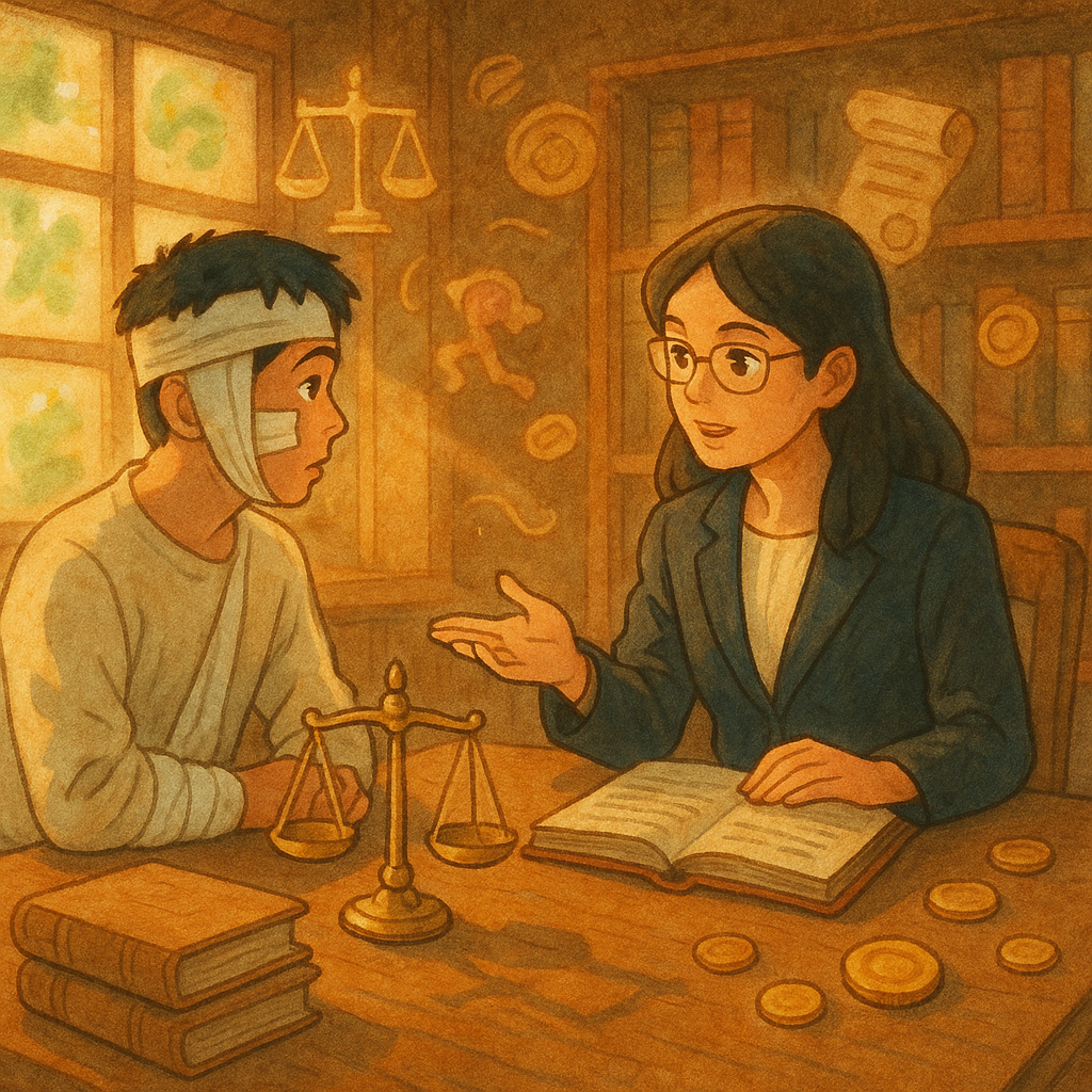 溫暖自然光下的木質事務所，一位受傷綁著紗布的台灣青年與專業台灣女律師面對面諮詢；桌上天平、卷宗與硬幣化作柔和光影符號環繞，手繪質感、吉卜力風的奇幻細節，寓意打架致傷求償的常見疑問。