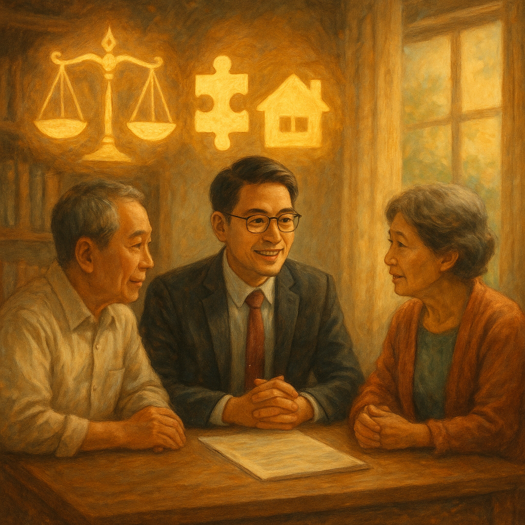 暖色自然光下，台灣人律師與父母在木質書桌前相談，空中漂浮發光天秤、相扣拼圖與家屋剪影，手繪質感溫柔奇幻、具電影感、細節豐富，傳達監護權結論與寫實幻想的平衡。