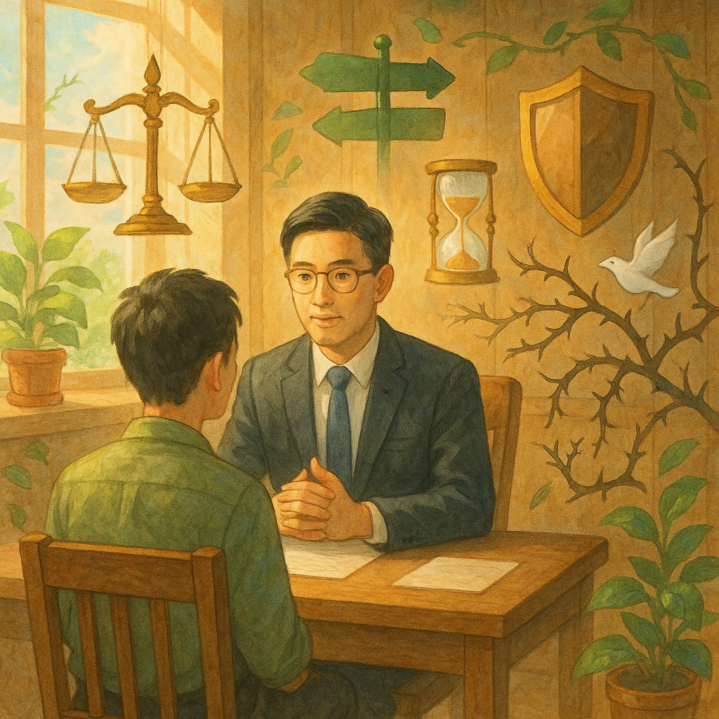 溫暖木質事務所裡，台灣律師與民眾諮詢；陽光灑落，漂浮的天秤、沙漏、盾牌與分岔路標環繞，呢喃化作刺藤與紙鳥象徵毀謗風險；柔和手繪質感、自然光影與微風植栽，營造吉卜力般奇幻而專業的氛圍。