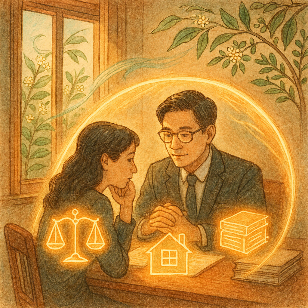 暖陽灑落的律所裡，一位台灣律師與當事人低語商談；他們被柔光護盾環繞，旁有天平、家屋與檔案化作發光圖像；窗外精靈風拂動桂花與茶樹，象徵風險控管與保護令。手繪質感、奇幻溫馨。