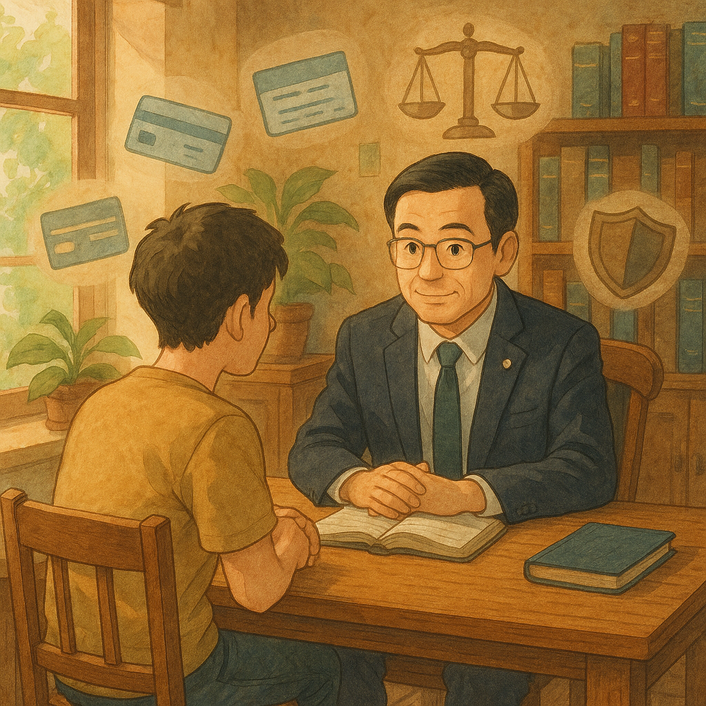 高解析度吉卜力風溫暖室內，台灣律師與年輕人於木質書桌諮詢；自然光灑入，周圍漂浮手繪銀行卡、存摺、天秤、盾牌與放大鏡等符號，象徵借帳戶與法律疑問；柔和色調、細膩紋理，無文字。