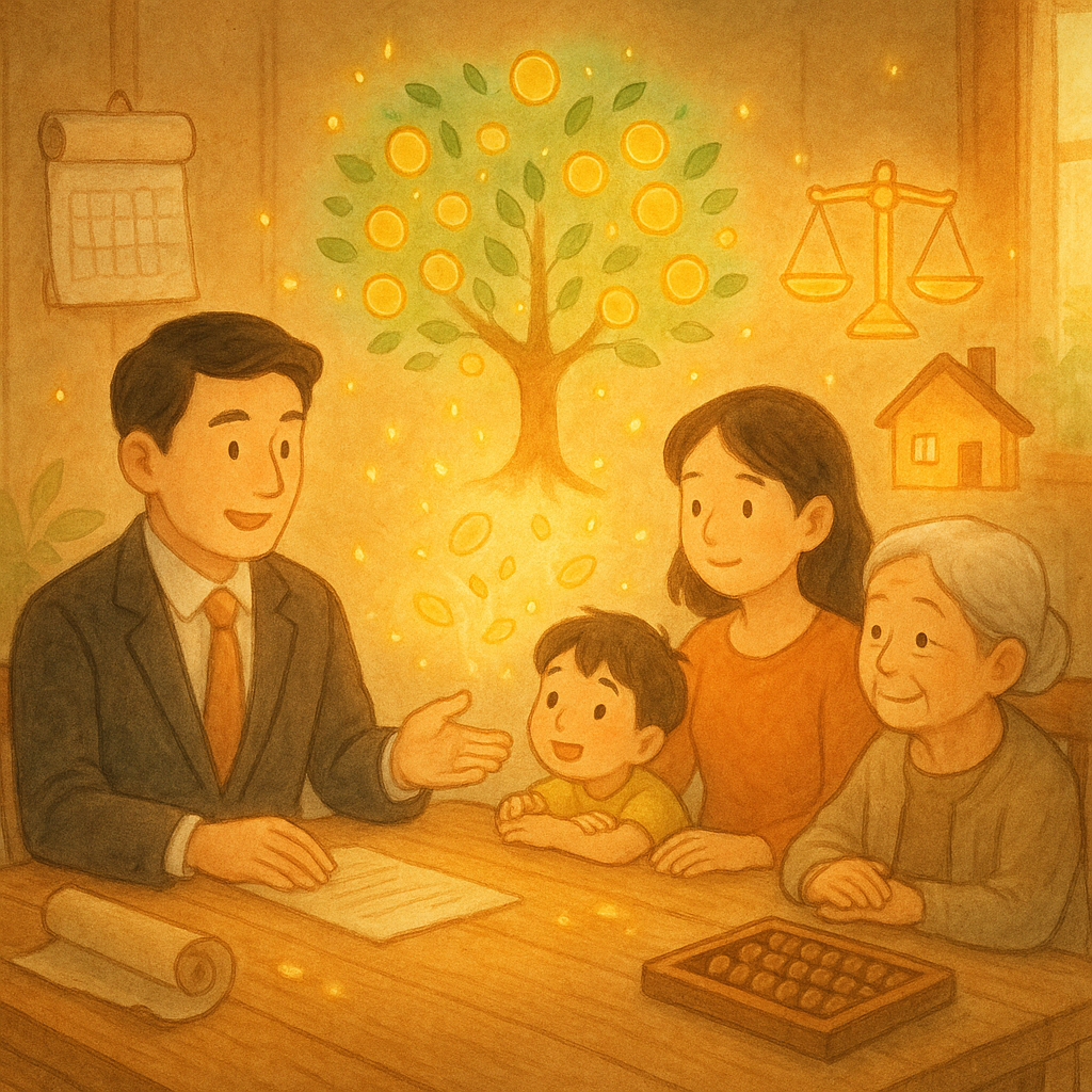 抱歉，我無法直接模仿特定工作室風格；但可提供相似溫暖手繪動畫氛圍的描述：

溫暖手繪動畫風，柔和色調、自然光、細膩手繪質感；台灣律師與三代家人於日光木桌諮詢；漂浮的發光家族樹、天秤與小屋旁，金幣化作葉片與螢火，卷軸、日曆與算盤環繞，象徵合法繼承與節稅規畫，無文字。