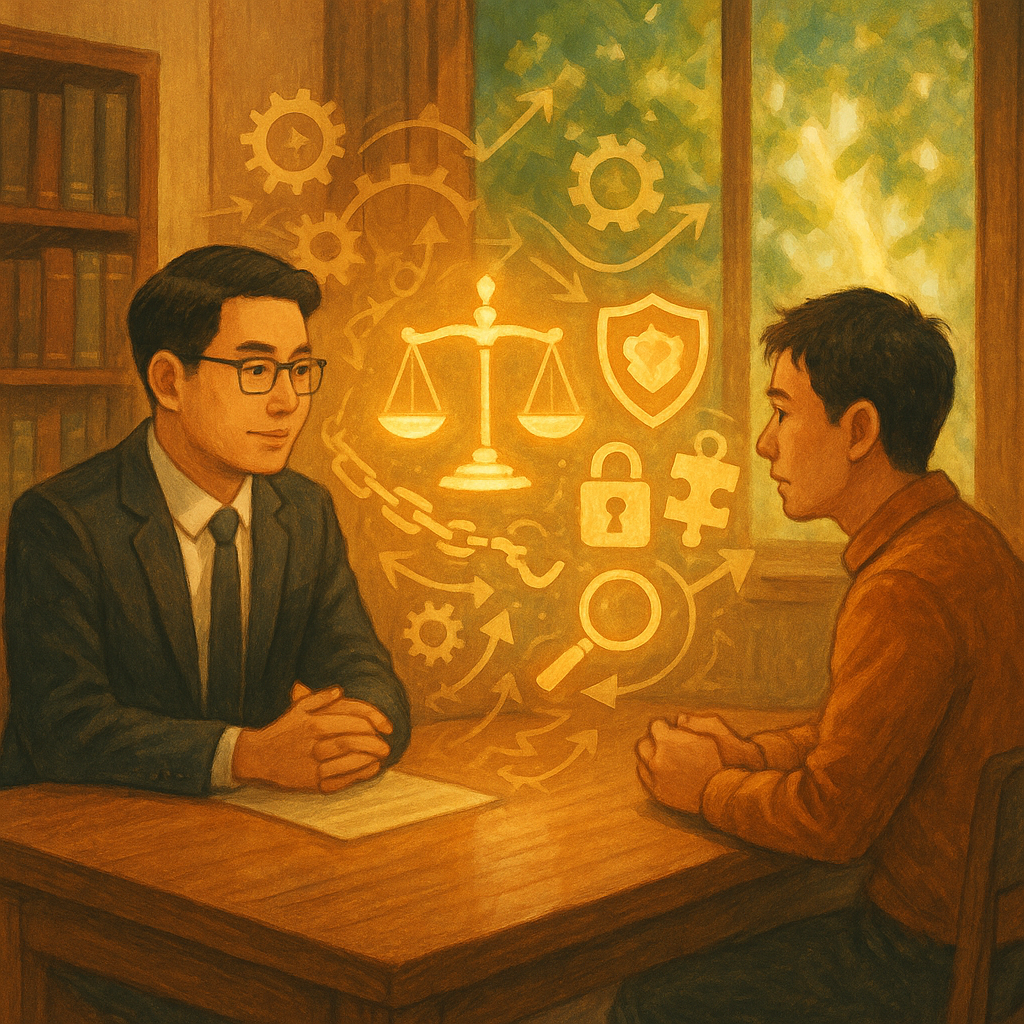 柔光木質事務所中，台灣律師與當事人對坐商談；桌面漂浮發光的天秤、盾牌、斷鏈、鎖與鑰匙、拼圖與放大鏡，齒輪與路徑箭頭環繞，象徵強制罪與策略拆解。窗外綠蔭與陽光瀑布，手繪溫暖、奇幻無文字。