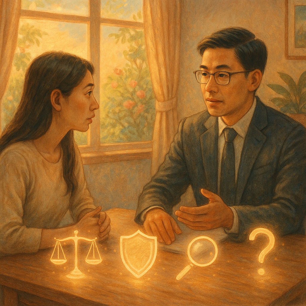 溫暖夕光與自然光灑落的諮商室,台灣女子與台灣律師溫和對談,桌上浮現天秤、盾牌、放大鏡與問號等微光圖示;窗外花木微風,手繪質感細膩、色調柔和,寫實與奇幻平衡,象徵性騷擾FAQ求助,畫面無文字。