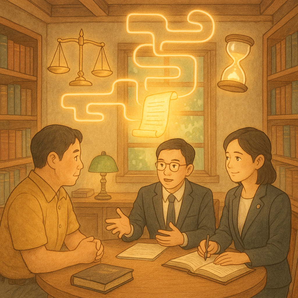 吉卜力風柔光木質事務所；兩位台灣律師與台灣當事人圍桌商談。空中漂浮天平、沙漏與發光卷宗，化作光線指引迷宮般路徑，寓意爭點梳理與執行事件訴訟風險管理；手繪質感溫暖。