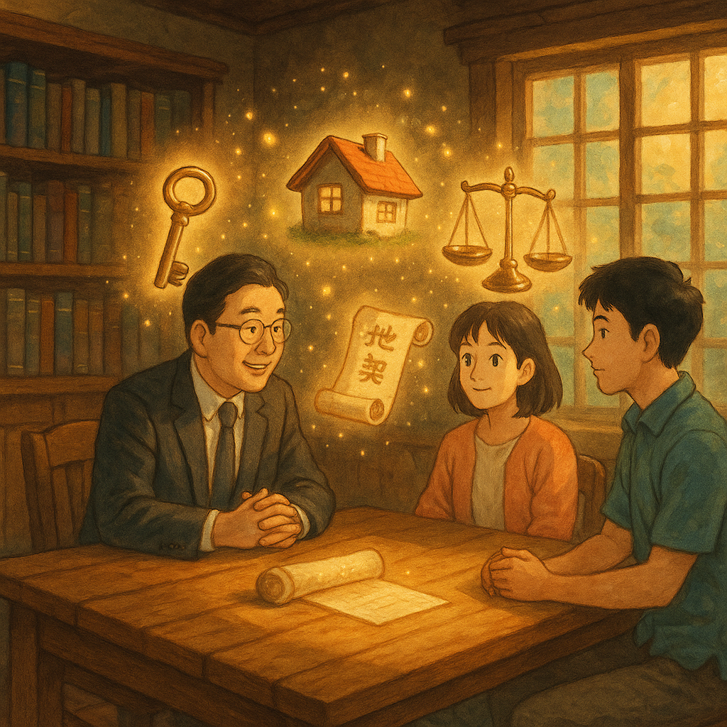 溫暖陽光灑落的木質事務所裡，台灣律師與年輕夫妻圍桌而坐；桌面漂浮發光的鑰匙、小屋模型、地契卷軸與天秤，化作柔和光粒環繞，象徵所有權與常見問題諮詢，吉卜力式手繪質感、自然色調與電影感、奇幻沉浸。