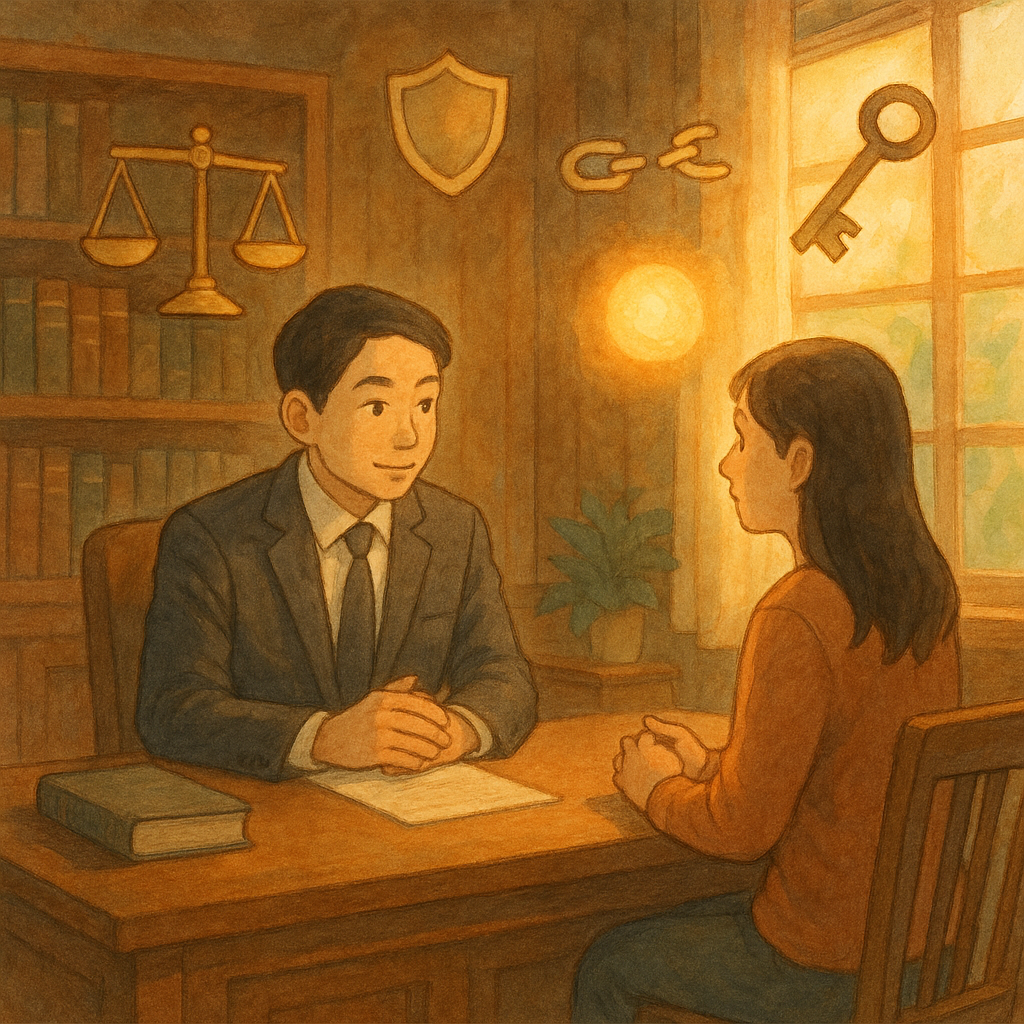 暖陽灑入木質律所,台灣人律師與當事人沉穩對談;周圍漂浮象徵圖示:天秤、盾牌、斷裂鎖鍊、鑰匙與溫暖光球,回應強制性交常見問題;吉卜力般手繪質感與自然色調,微幻且療癒,畫面無文字。