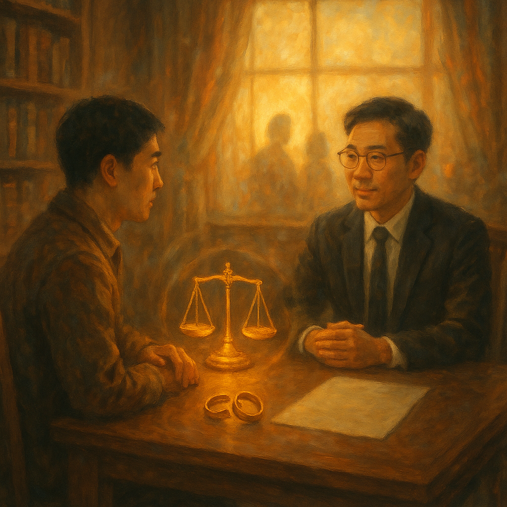 柔和手繪、電影感場景:台灣人律師與當事人在木質事務所溫暖對坐;窗外金色光灑,若隱兩道背影。桌上象徵物有發光天秤、斷裂婚戒與無字合約,朦朧幻光環繞,細節豐富、溫暖奇幻、無文字。