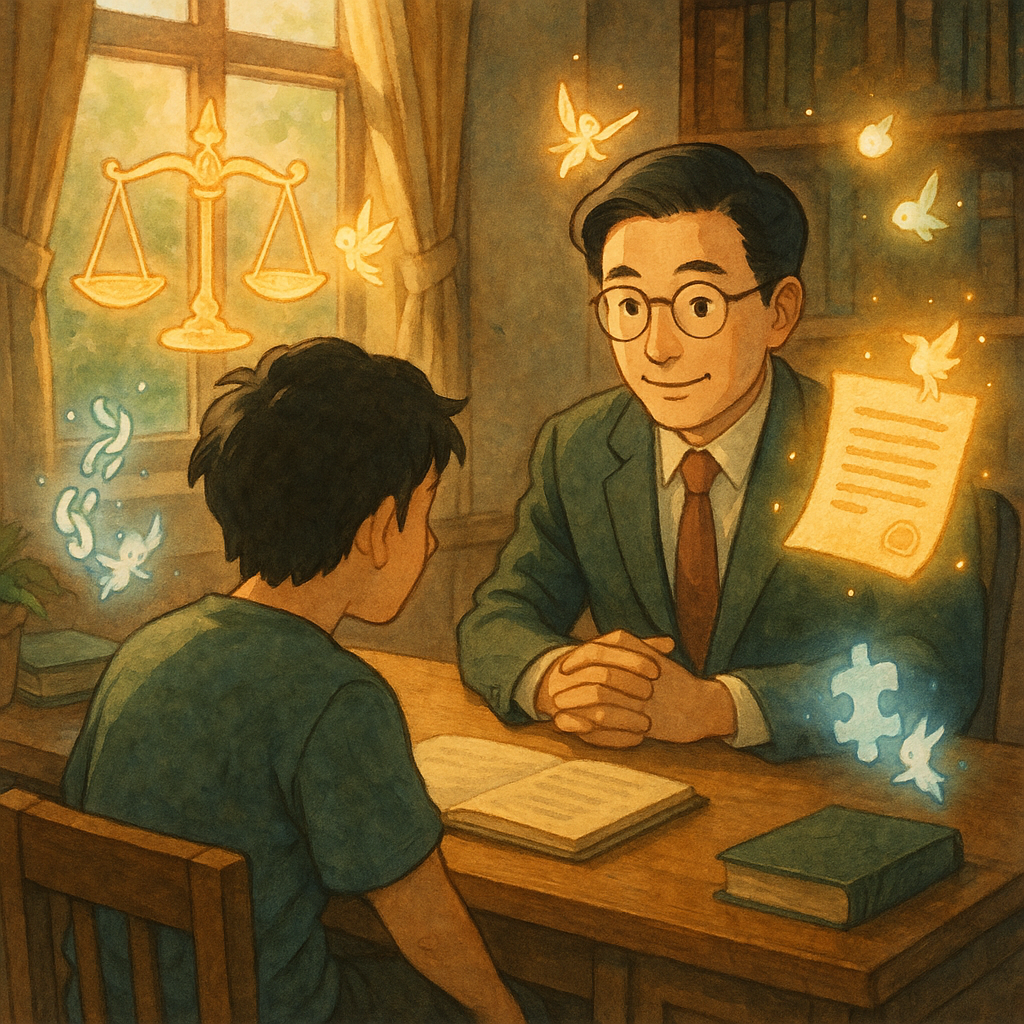 溫暖自然光下,台灣律師與當事人於木質事務所諮詢,周圍漂浮手繪天秤、發光契約、斷裂鎖鏈與拼圖化作精靈,象徵背信罪案例與啟示,吉卜力風格電影感高解析細膩無文字