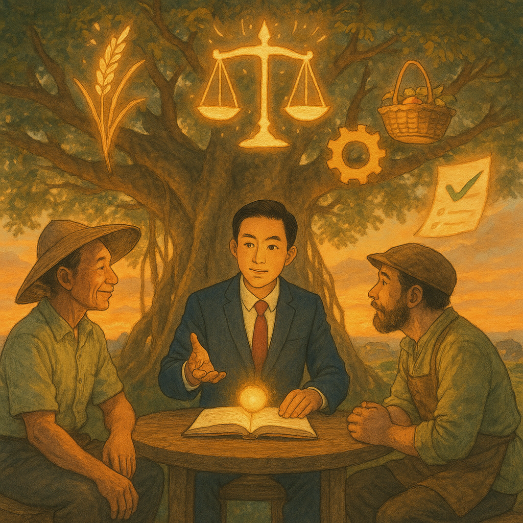 吉卜力感高解析插畫：溫暖夕光下，台灣律師與農夫、工匠、商販圍坐榕樹下法律諮詢；樹冠幻化發光天秤、稻穗、齒輪與貨籃，桌中央小光球凝聚結論；漂浮勾選葉引導行動清單，手繪質感、自然光影、奇幻而寫實。