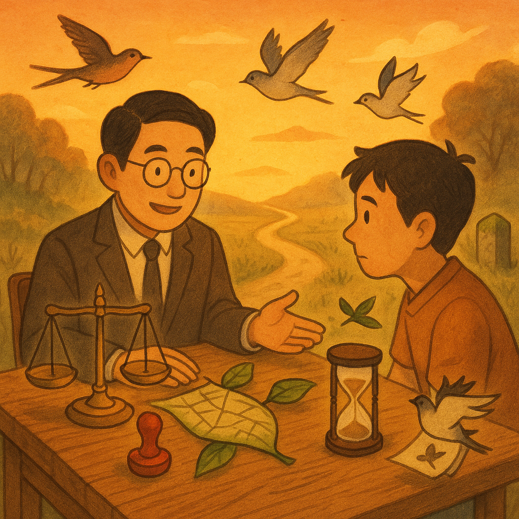 溫暖奇幻手繪動畫風。黃昏光下,台灣人律師與民眾在木桌前諮詢;桌上天平、印章、地籍圖化作葉片,沙漏與日曆化為飛鳥;遠處土地界石長滿青苔,時間軌跡指向前方小徑,寓意時效取得與行動建議,畫面無字。