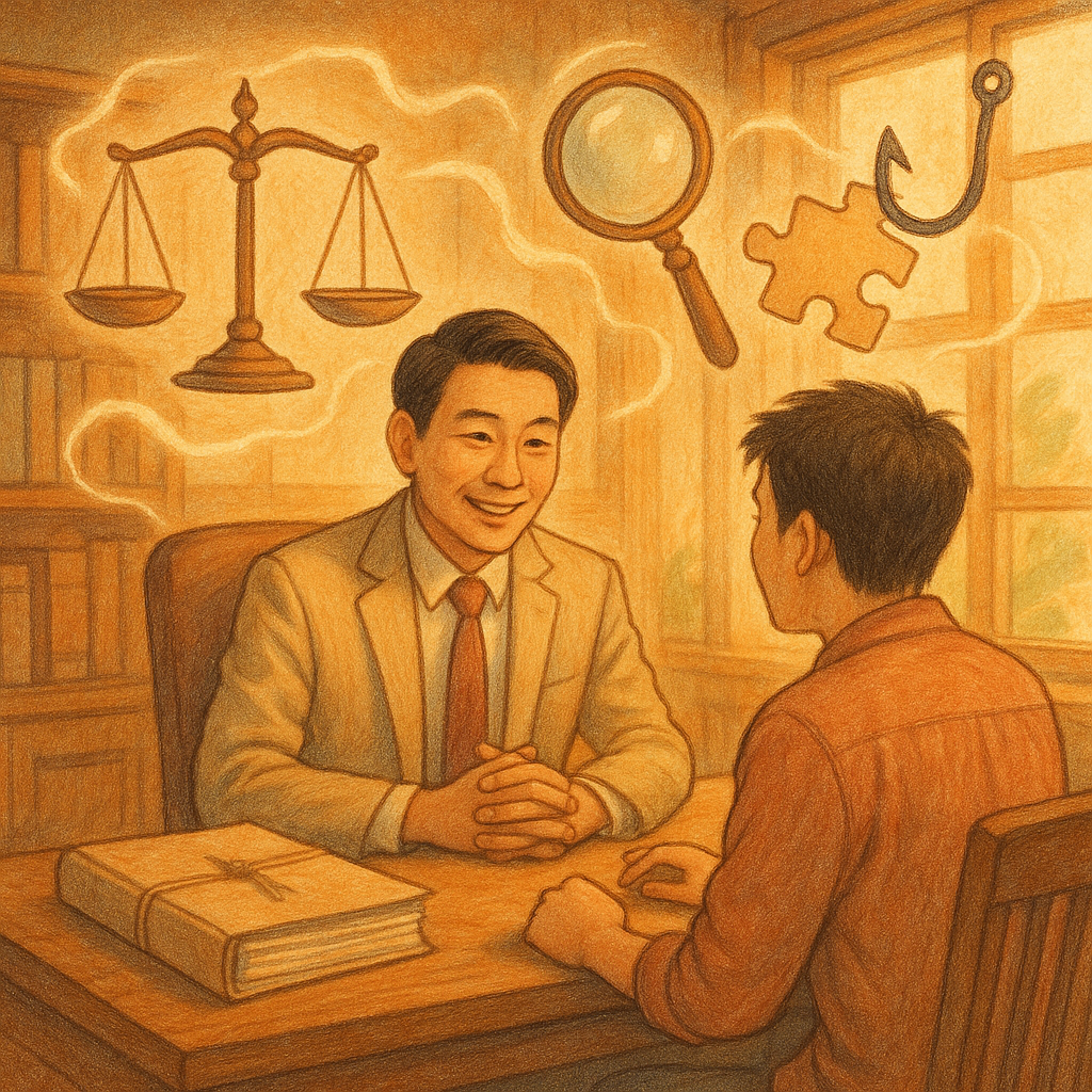 溫暖午後光中，台灣人律師與民眾於木質事務所對談，手繪質感與柔和色彩。周圍漂浮天秤、放大鏡、拼圖與數位魚鉤等象徵，串連案件卷宗，奇幻而電影感，細節豐富、沉浸暖心。