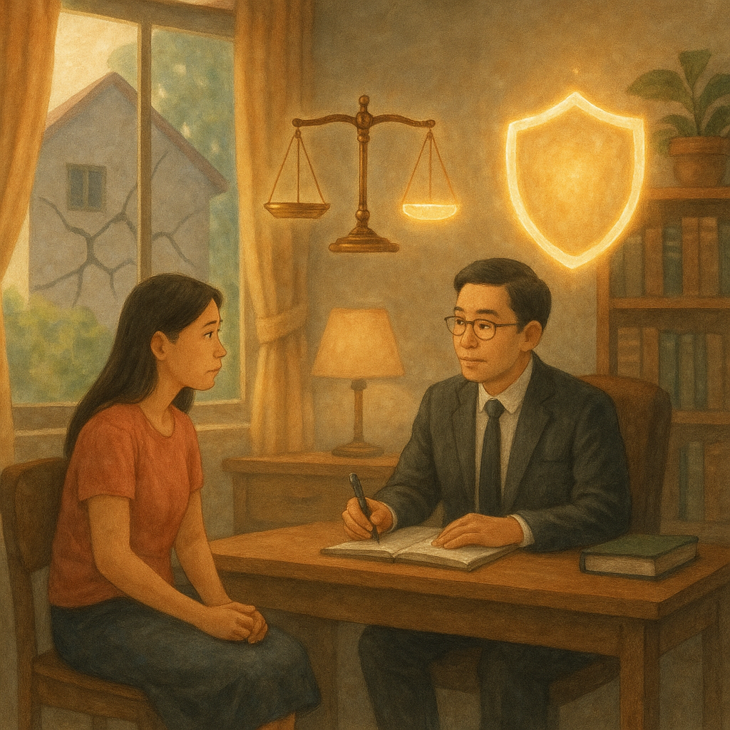 吉卜力式柔光手繪場景:台灣女性與律師在溫暖諮詢室對坐,天平與發光護盾漂浮;窗外小屋投下裂紋般陰影,象徵家暴。自然色調、細膩質感,現實與奇幻平衡,畫面不含文字。