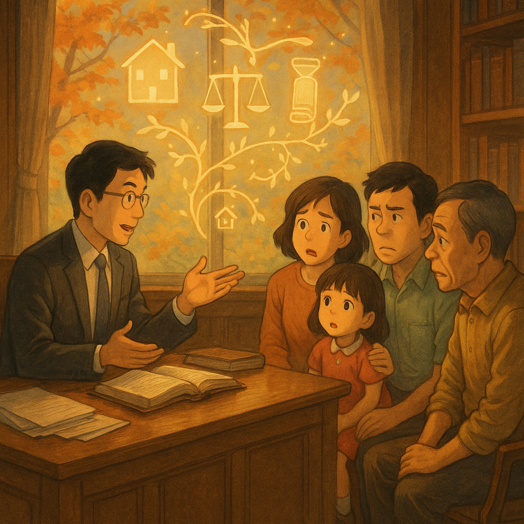 吉卜力式暖色自然光手繪質感與電影感，台灣律師與三代家人在木質書房圍坐諮詢，表情生動、疑惑與安心交織；窗外楓葉微動，半透明象徵漂浮如房屋、天秤、卷軸、戒指與相連的家族枝蔓，柔光串起世代傳承；無文字。