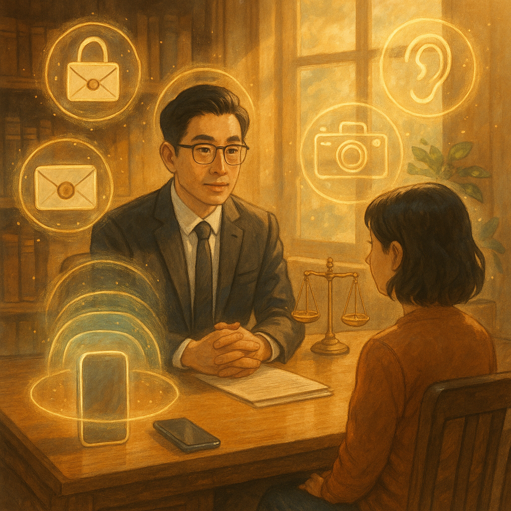 柔和陽光灑入木質事務所，帶電影感；台灣律師與民眾對坐諮詢；四周漂浮手繪鎖、封口信、耳朵與相機、麥克風輪廓被鎖光環護及天平等象徵，守護手機與文件的光罩流動，如吉卜力般溫暖奇幻、細節豐富，無文字。