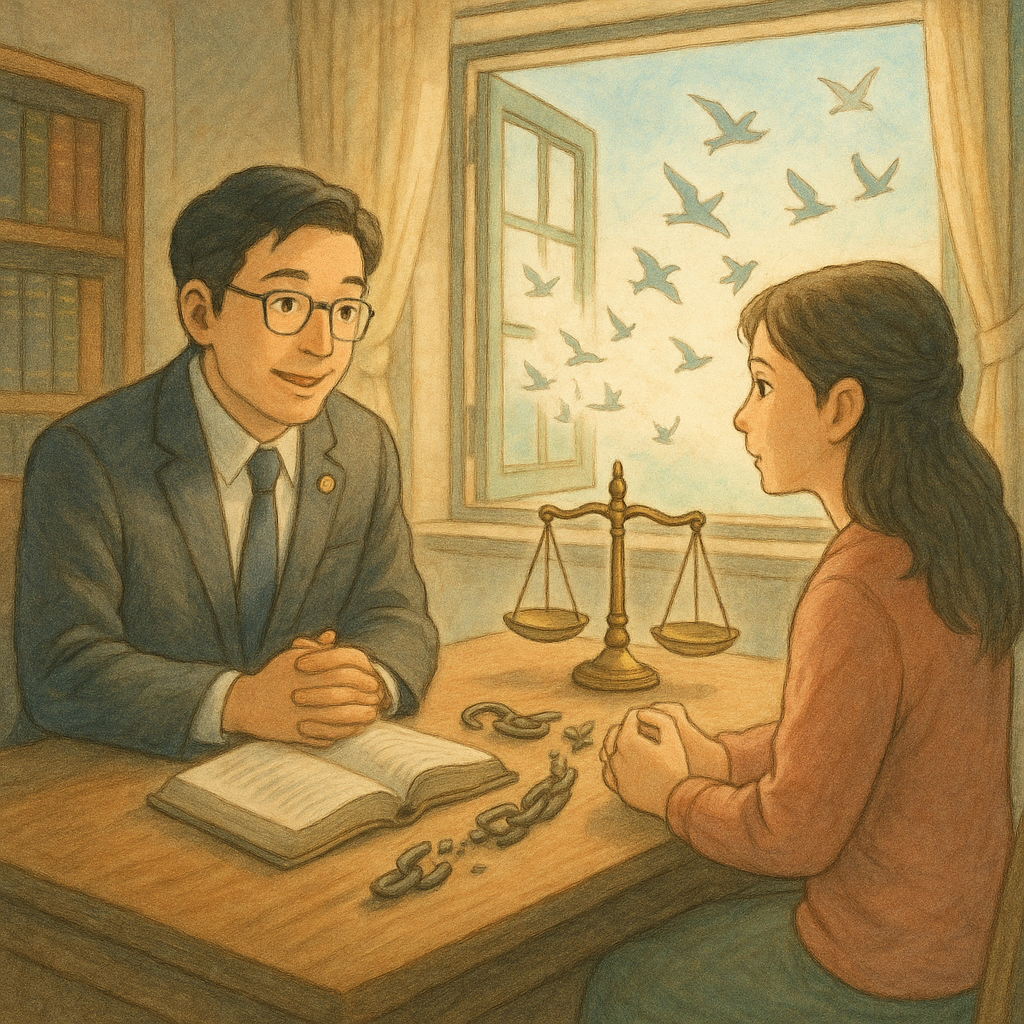 溫柔自然光下，台灣專業律師與當事人諮詢；天平微光、斷裂鎖鏈化作鳥群飛向開窗，象徵妨害自由消解。手繪質感、柔色、奇幻寫實的吉卜力風高解析場景。