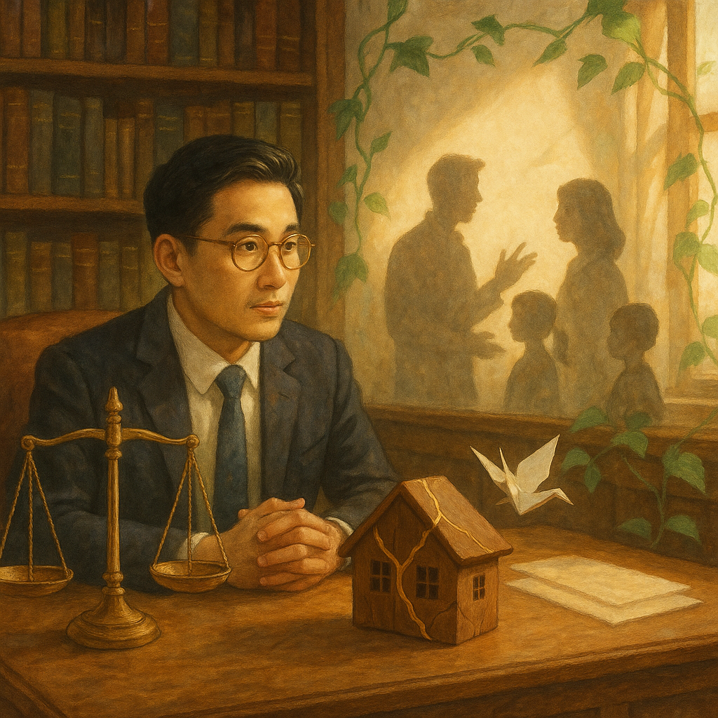 柔和自然光的手繪電影感場景：台灣人律師在木質溫暖事務所，專注聆聽台灣家庭剪影。桌上天平、金縫修補的裂屋、飄動紙鶴與藤蔓象徵諮詢與重建，奇幻而細膩，畫面不含文字。