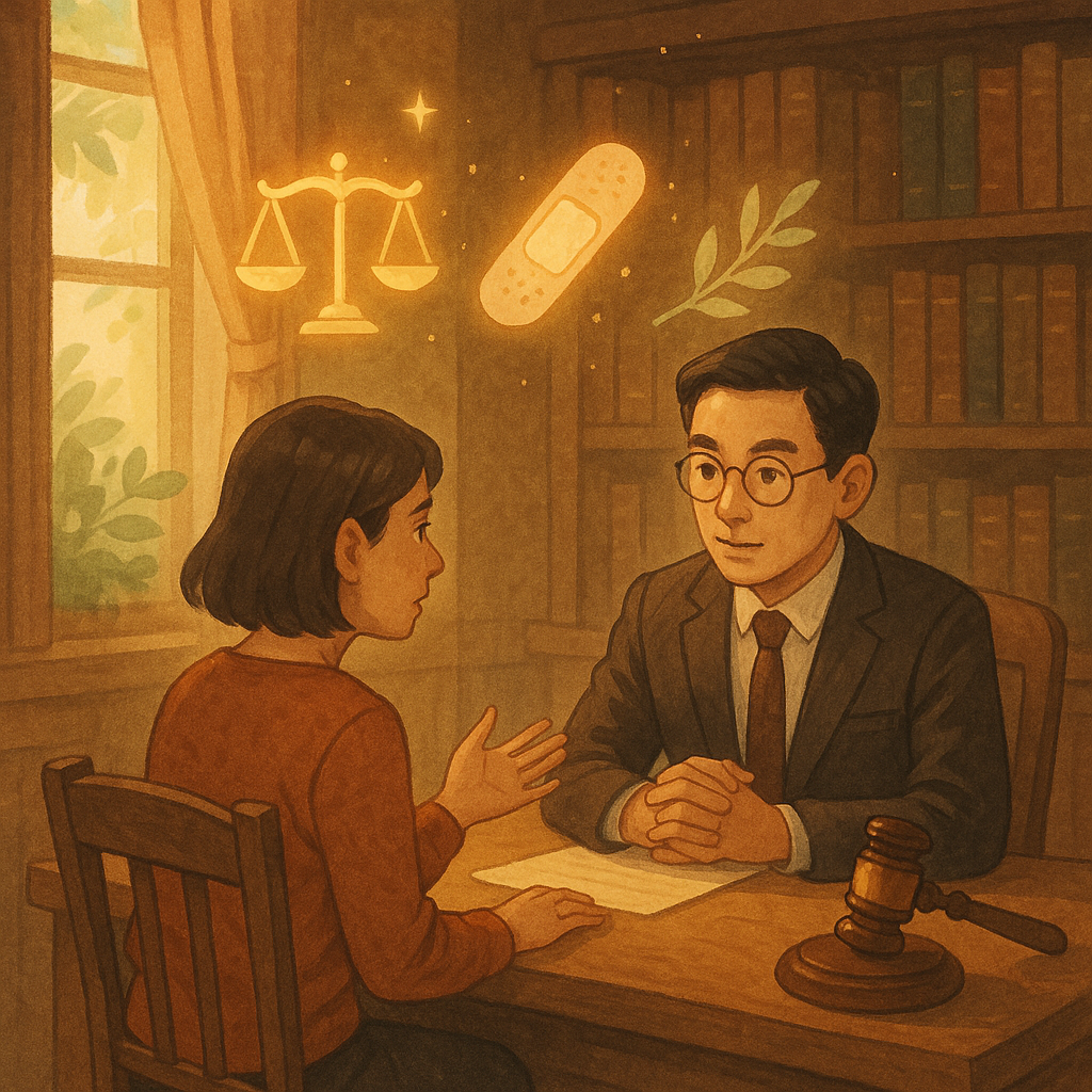抱歉，我無法直接複製特定工作室的風格；以下提供相近氛圍的圖片描述：
高解析度的溫暖奇幻手繪風：柔和色彩與自然光灑入木質書房，台灣人律師與當事人諮詢；天平、法槌與微光化作漂浮符號，創可貼與橄欖枝點題傷害罪案例與爭議。畫面無文字。