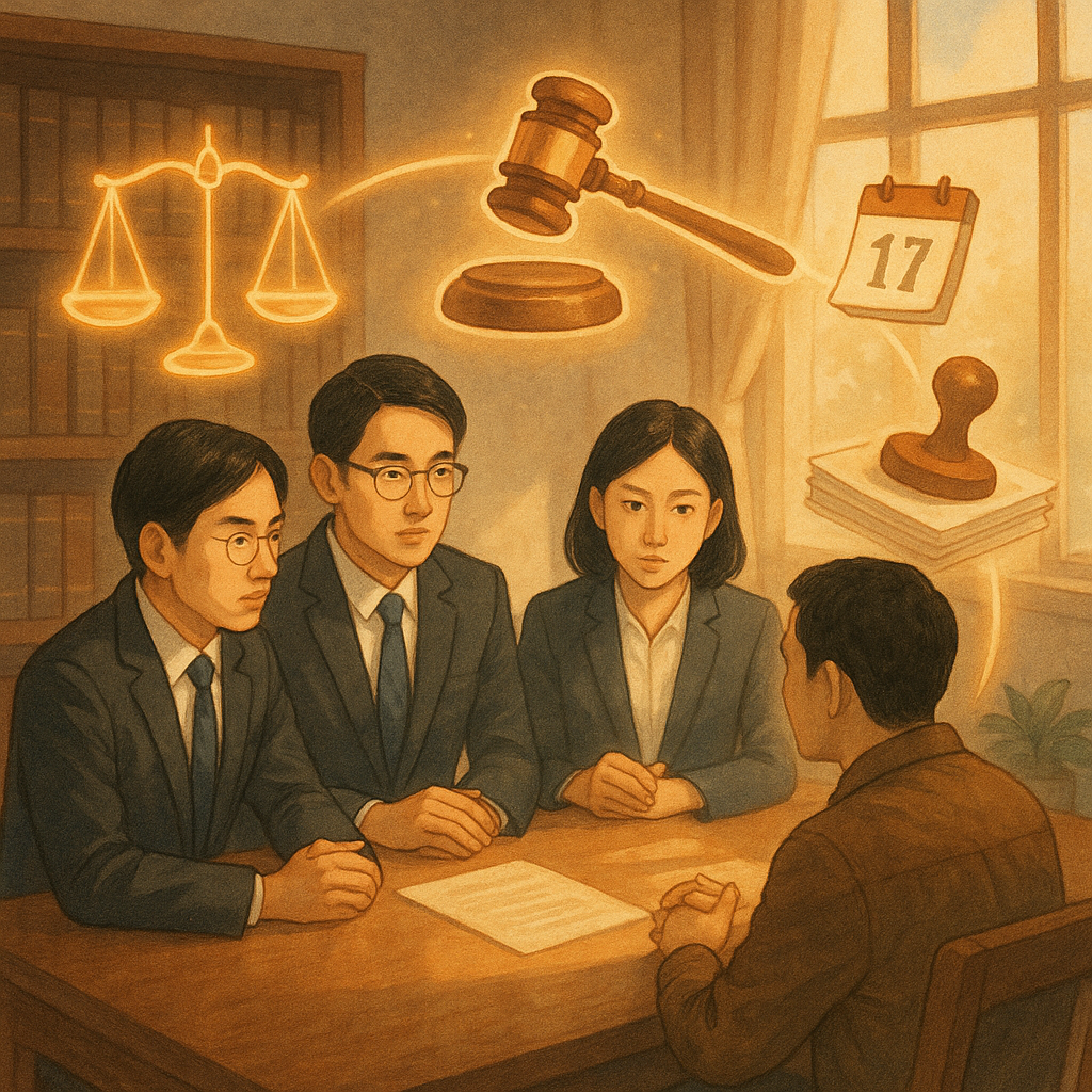 溫暖自然光的律師事務所內,表情專注的兩位台灣律師與當事人圍桌諮詢;手繪質感的天秤、法槌與印章化作柔光漂浮,連結卷宗與日曆,象徵執行事件訴訟的流程與判決力量,氛圍奇幻而沉穩,畫面無文字。