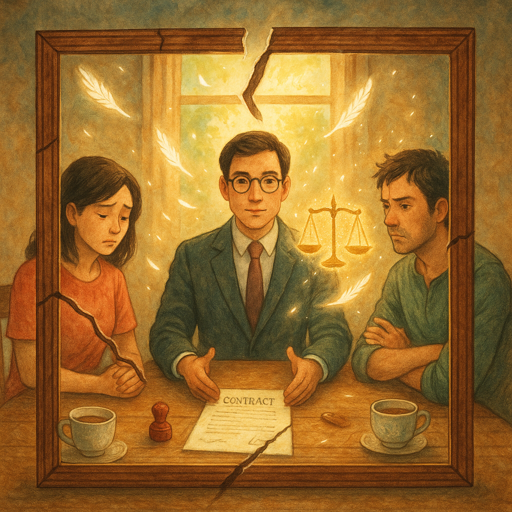抱歉，我無法直接使用特定工作室的風格；我會以溫暖、奇幻、手繪質感的電影感插畫來呈現：
柔和自然光下，台灣家庭三人隔著裂開的相框落座，專業律師居中調解；天光化作細緻羽片與天秤微光環繞，手繪木桌上散落合約、印章與茶杯，溫暖而帶點魔幻。