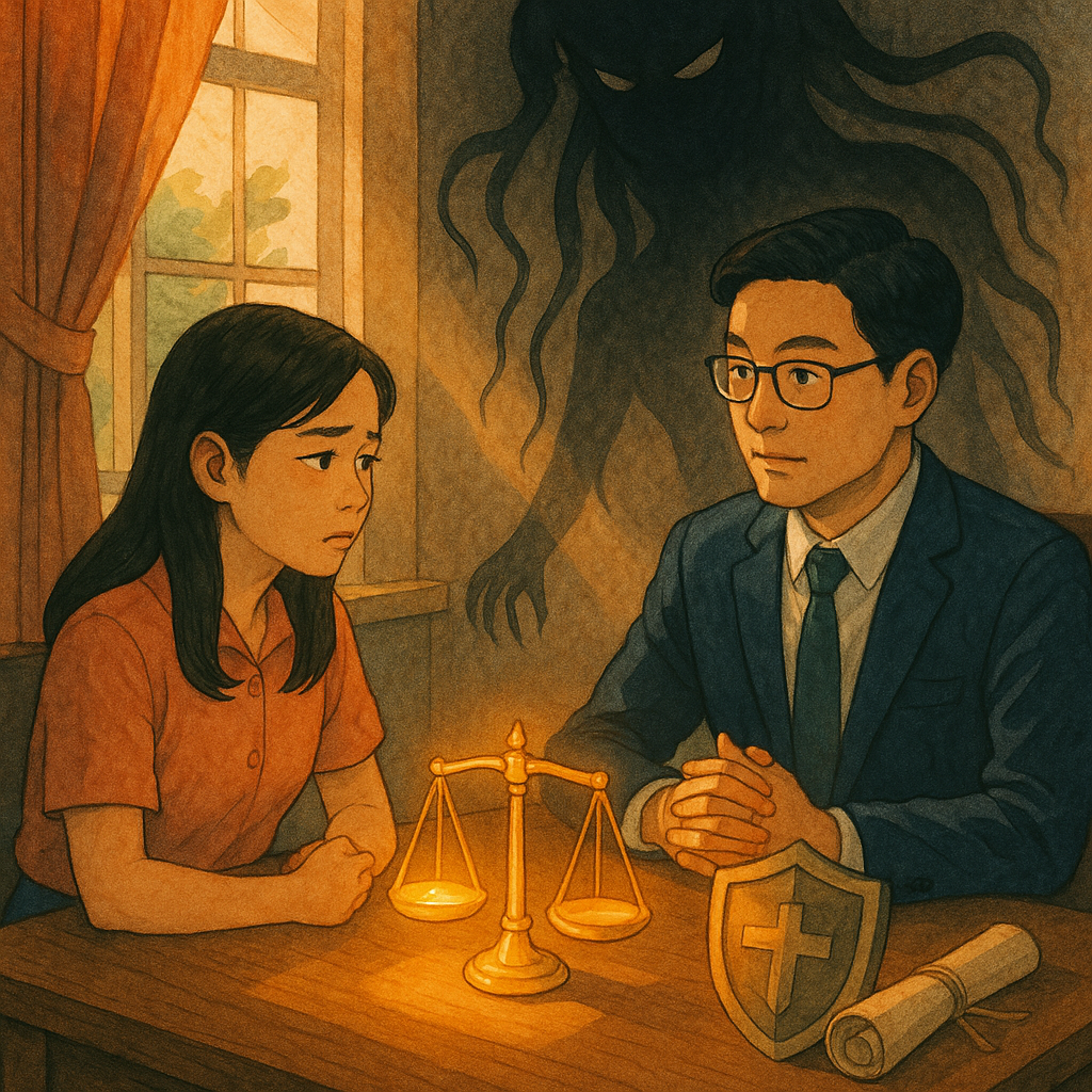 吉卜力風暖色手繪高解析插畫。台灣職場中，一位台灣女性與台灣法務顧問對坐，窗邊自然光灑落；背後如霧黑影拉細線象徵職場PUA；桌上發光天平、盾牌與卷軸指向法律諮詢；無文字。