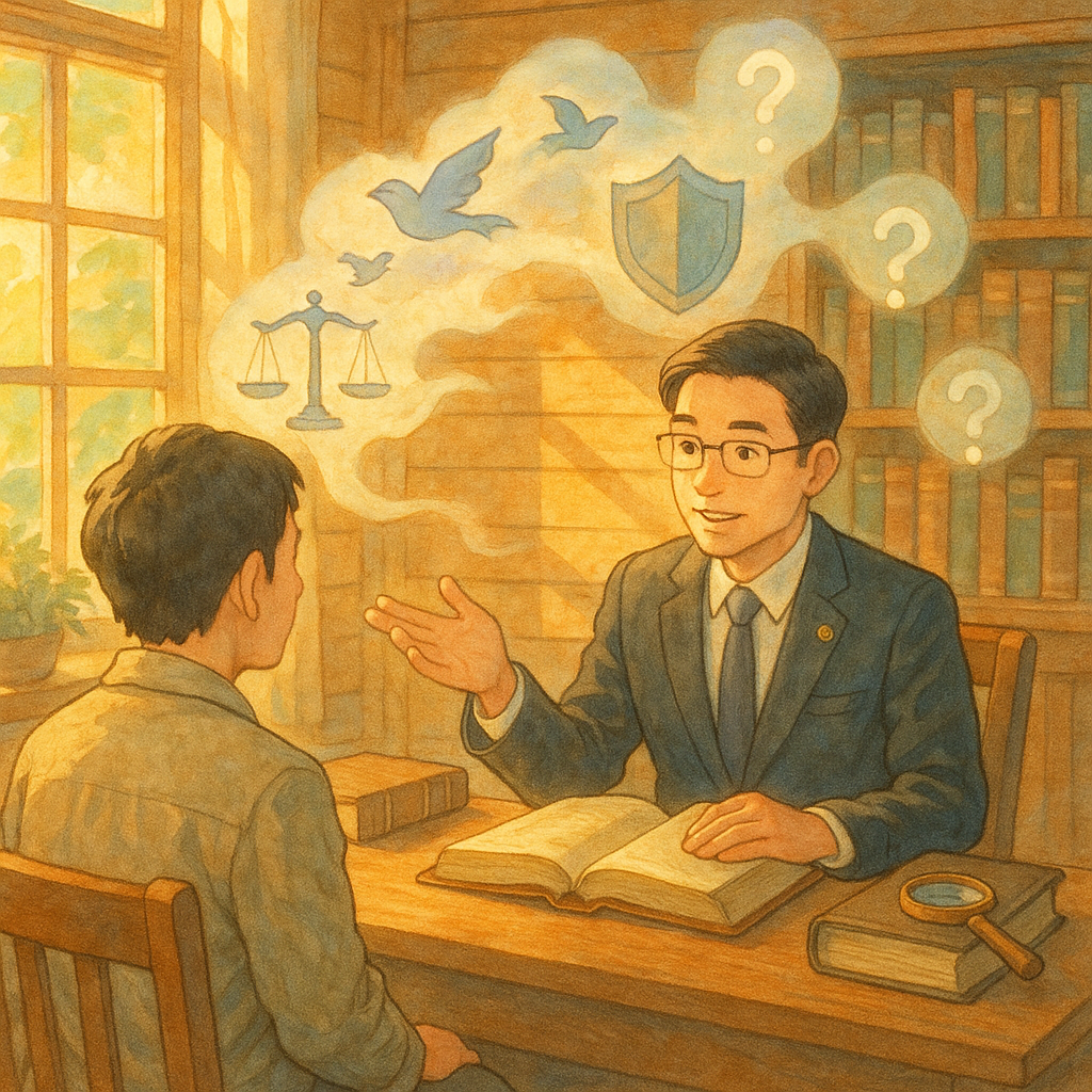 溫暖晨光灑入木質事務所,台灣律師與來訪者對坐諮詢;低語般話雲化作小鳥、天秤與盾牌盤旋,無字法典與放大鏡相伴,成串柔光球象徵疑問,吉卜力式柔色手繪、自然光與微幻質感。