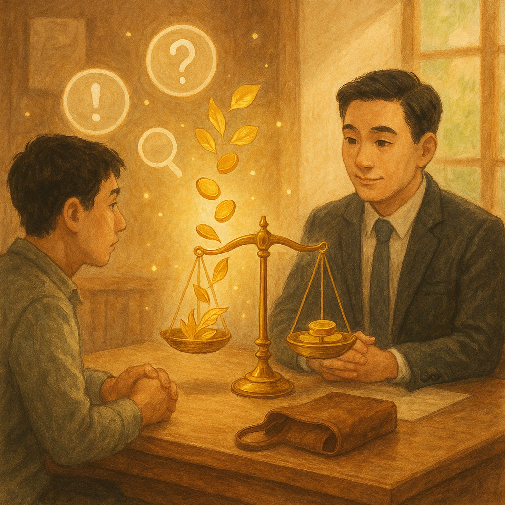 溫暖木質事務所中，台灣人律師與民眾對坐諮詢，金色葉片化作硬幣自一方袋中回流至天平，周遭漂浮無字圖示與光點。柔和自然光、手繪質感，奇幻而寫實，寓意不當得利與常見問題指引。