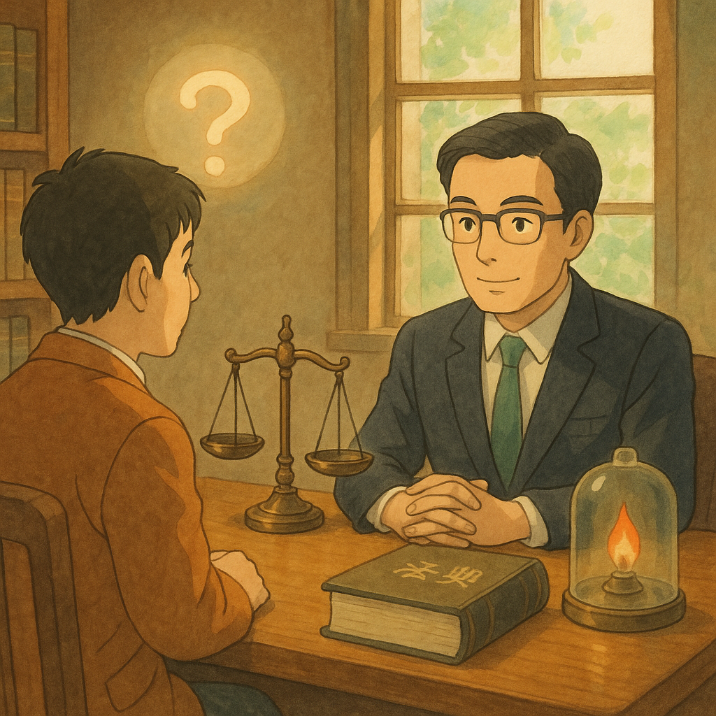 吉卜力風溫暖律師事務所,台灣律師與當事人對坐,神情專業溫和,窗外自然光灑入。桌上天秤、無字法典與玻璃罩內微小火焰象徵縱火罪;漂浮柔光球寓意常見疑問,手繪質感細膩、無文字。
