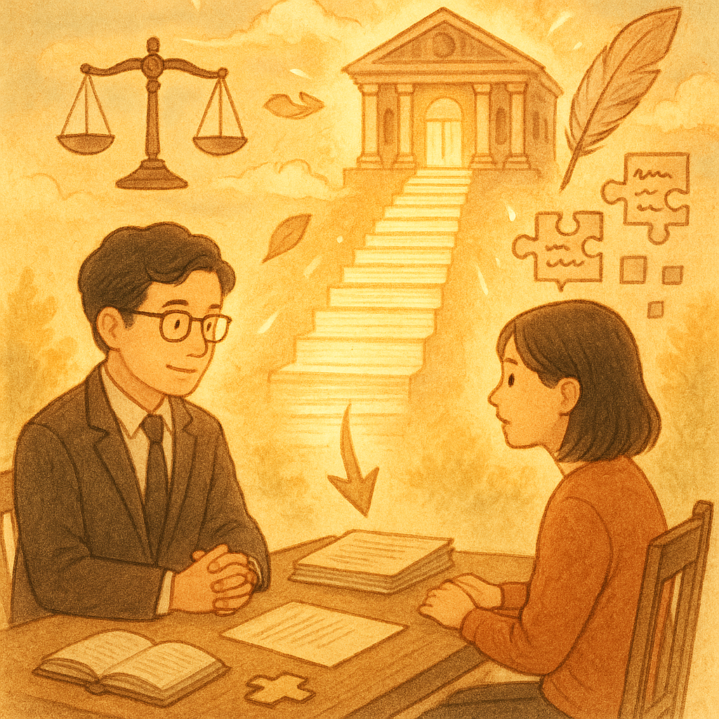 溫暖晨光中，台灣律師與當事人對坐商談，上訴卷宗化作發光紙階通往宛如奇幻日系動畫風的法院；天平、羽毛筆與語句拼圖在空中環繞，方法圖示如落葉箭頭降落紙面，手繪質感、自然色調，無文字。